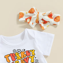 Load image into Gallery viewer, Baby Girls 3Pcs Turkey Gravy Print Short Sleeve Romper Pumpkin Print Shorts Headband
