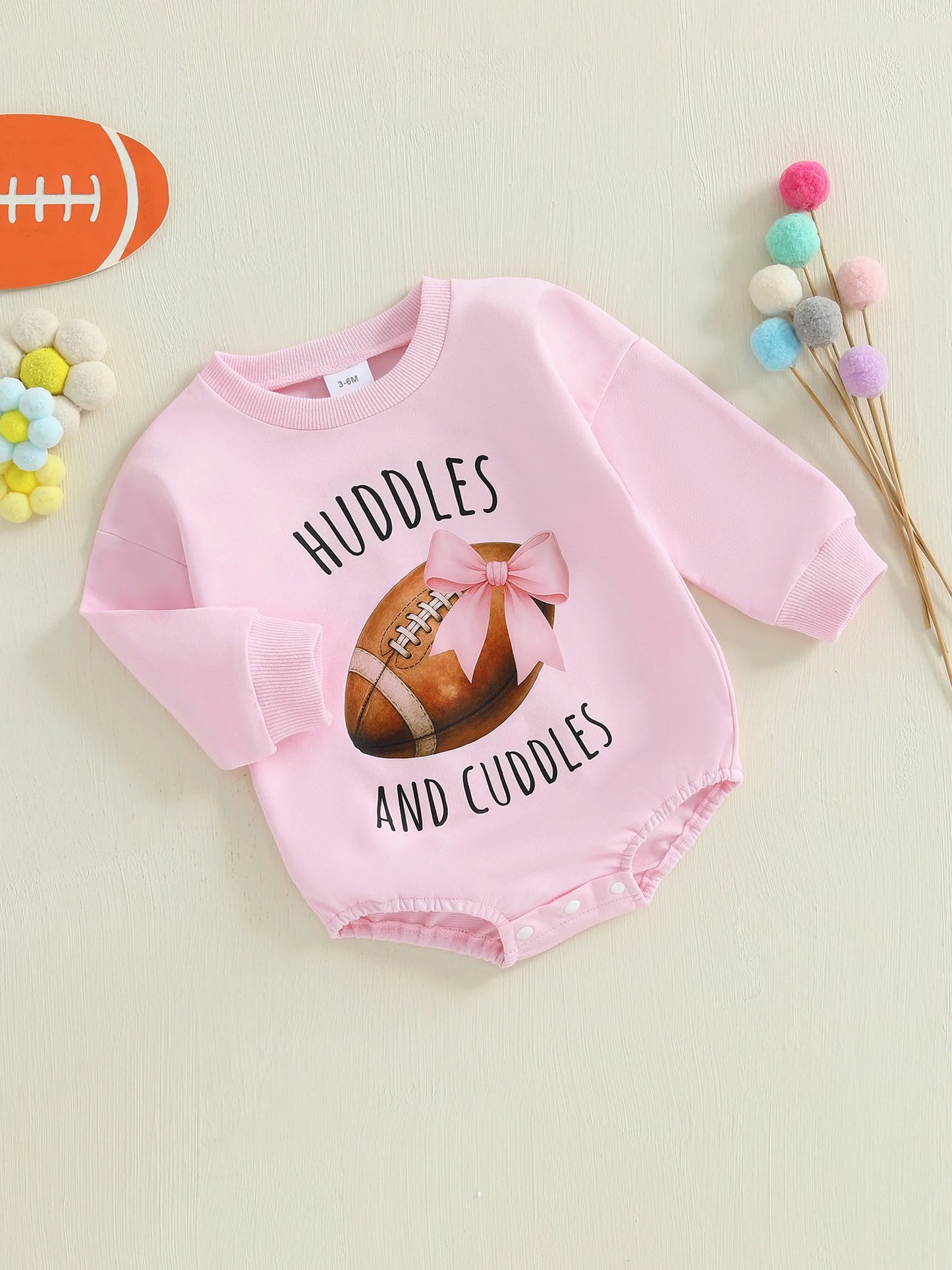 Baby Girl Huddles and Cuddles Bubble Romper Long Sleeve Crew Neck Bow Football Print Bodysuit Clothes