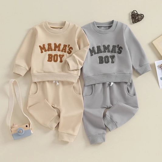 Toddler Baby Boy 2Pcs Fall Winter Outfits Long Sleeve Letter Mama's Boy Crewneck Top Jogger Pants Set