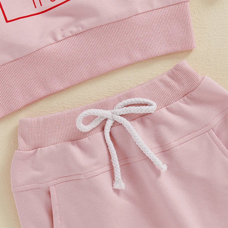 Baby Toddler Girls 2Pcs It's Me Hi I'm The Present It's Me Valentine's Day Outfit Bow Letter Print Crew Neck Long Sleeve Top Long Pants Valentines Jogger Set