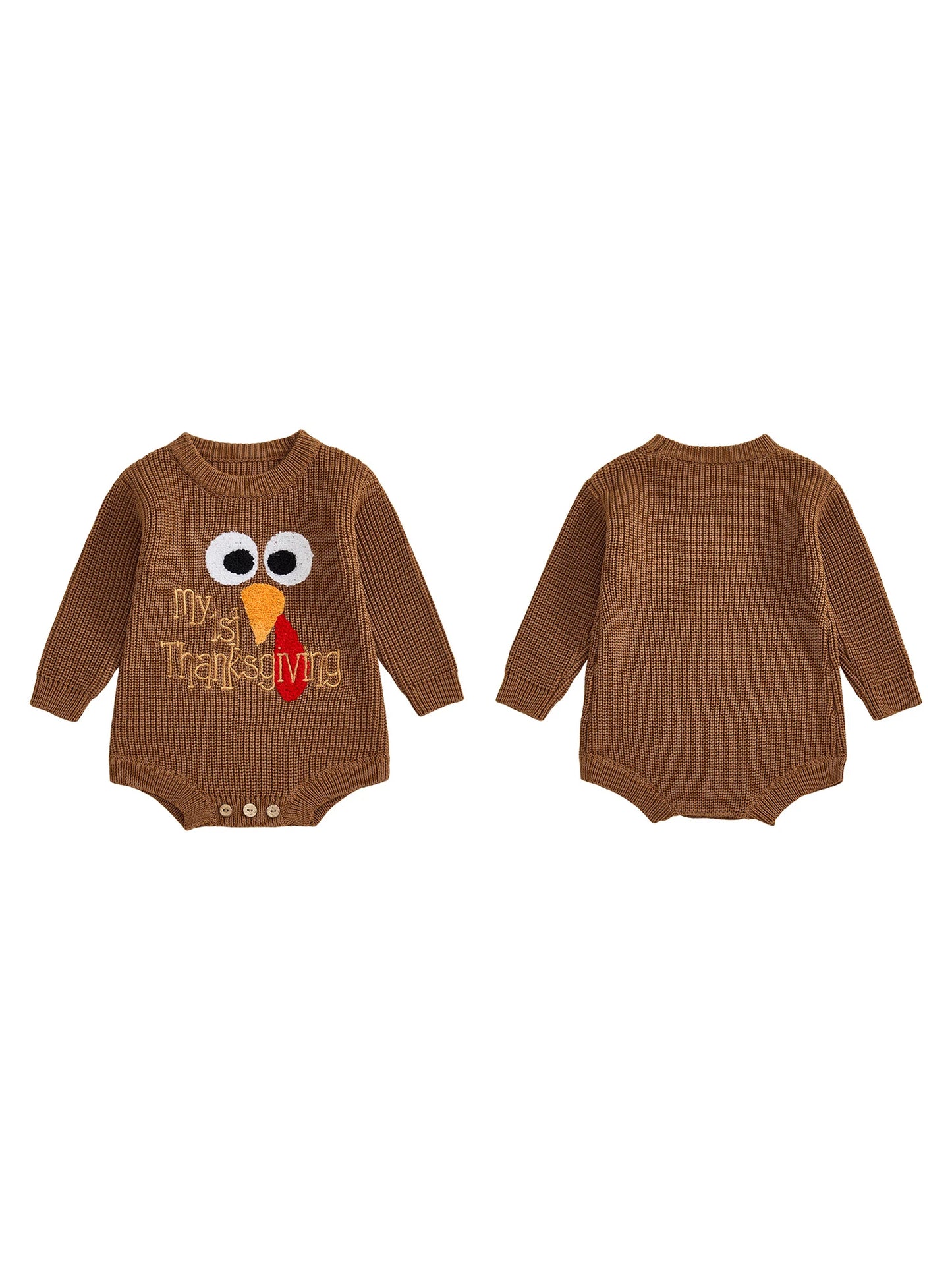 Baby Boys Girls My First Thanksgiving Romper Turkey Embroidery Long Sleeve Crew Neck Knit Bodysuit Romper