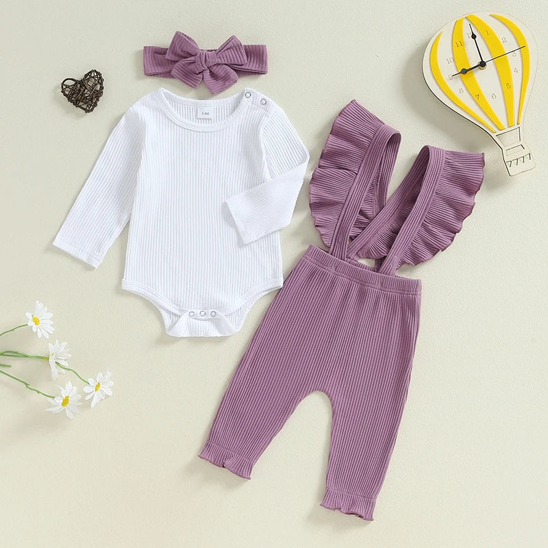 Baby Girls 3Pcs Ribbed Long Sleeve Romper with Ruffle Trim Overalls Pants Headband Set for Fall