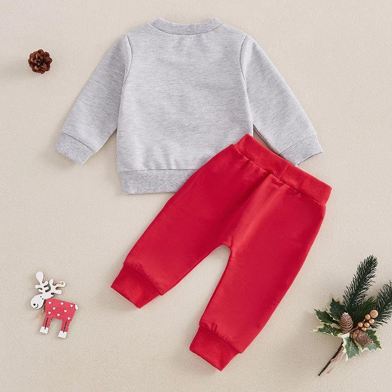 Baby Toddler Girls Boys 2Pcs Holly Jolly Christmas Outfit Letter Embroidery Long Sleeve Top with Solid Long Pants Jogger Set