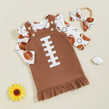 Load image into Gallery viewer, Baby Girl 3Pcs Fall Outfit Football Print Long Sleeve Romper with Ruffled Overalls Dress and Bow Headband Set
