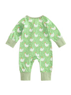 Baby Girl Boy Chicken Print Jumpsuit Long Sleeve Round Neck Zipper Romper