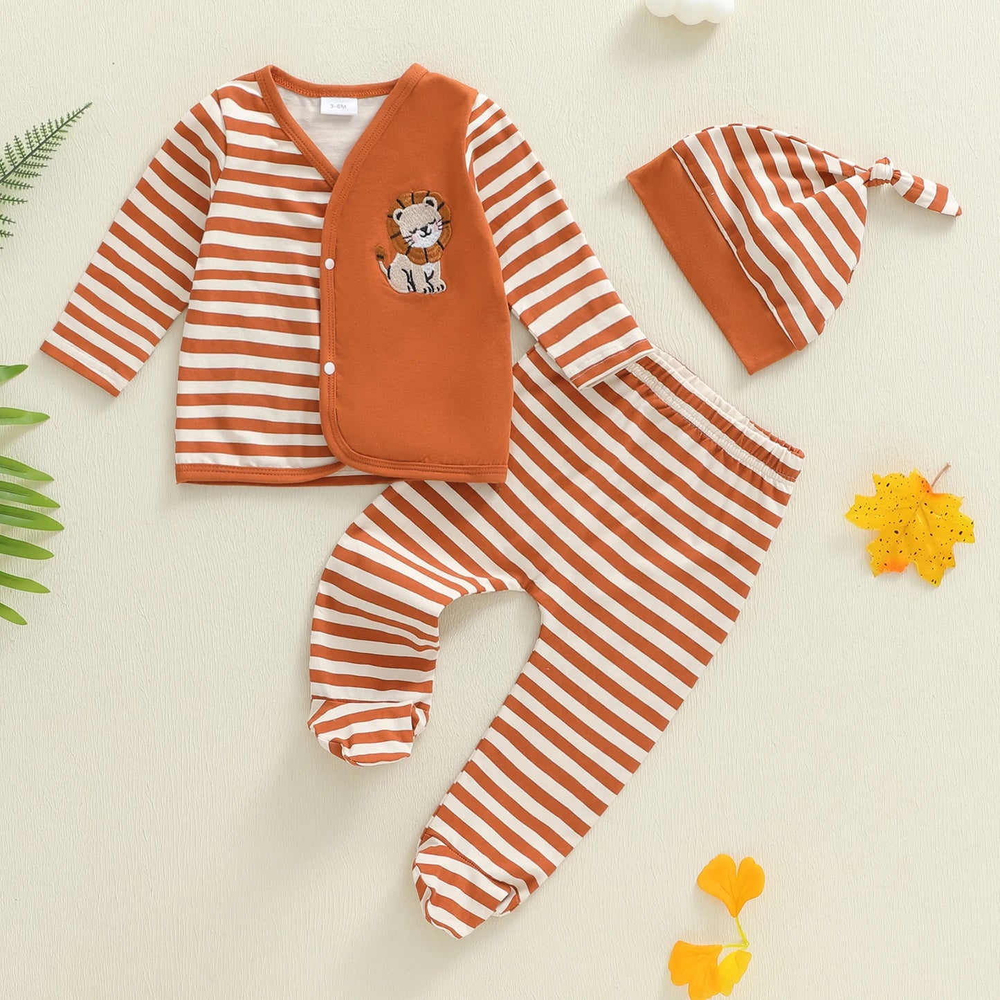 Baby Boys 3PCS Outfit Sets Long Sleeve Lion Embroidery Top Striped Pants Hat Set