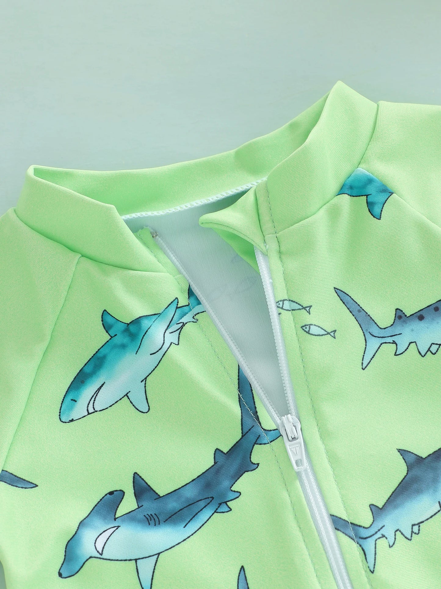 Baby Toddler Boys 2Pcs Casual Shark Print Zipper Long Sleeve Bathing Suit Romper with Swim Cap Set