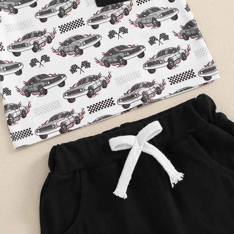 Baby Toddler Boys 2Pcs Summer Shorts Sets Short Sleeve Racer Car Print Top and Drawstring Shorts Set Outfit