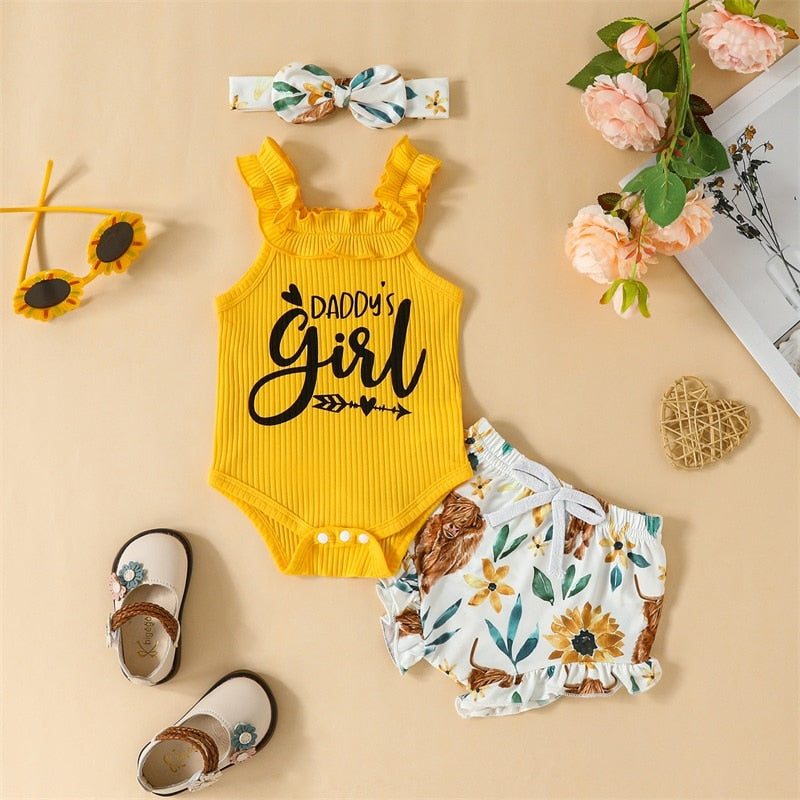 Infant Baby Girl 3Pcs Outfits Tank Top Daddys Little Girl Romper Cow Floral Print Shorts and Headband