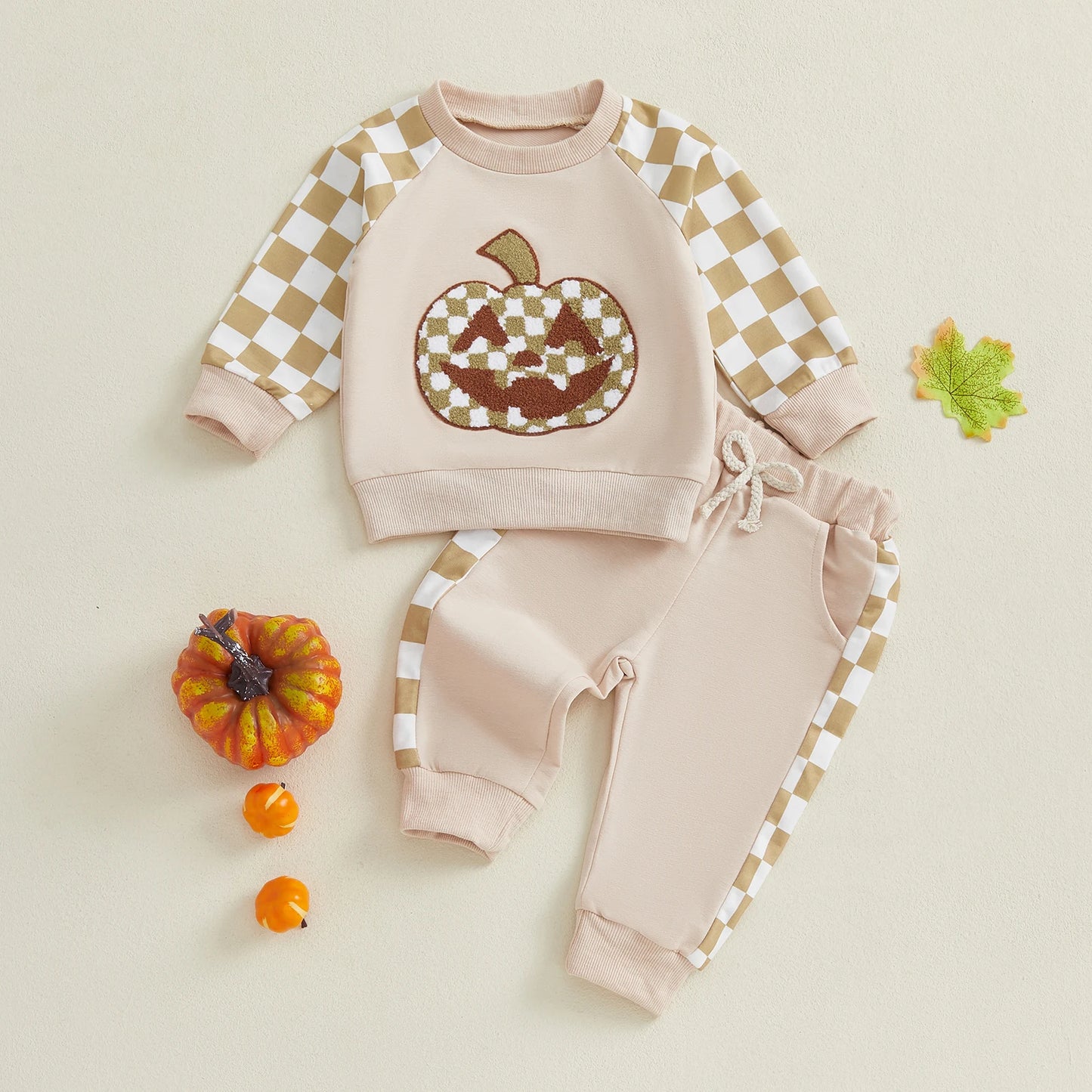 Toddler 2Pcs Baby Boy Halloween Outfits Long Sleeve Checked Pumpkin Embroidery Sweatshirt + Pants Set Clothes