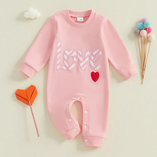 Baby Girls Love Valentine's Day Romper Letter Heart Embroidery Long Sleeve Crewneck Valentines Jumpsuit