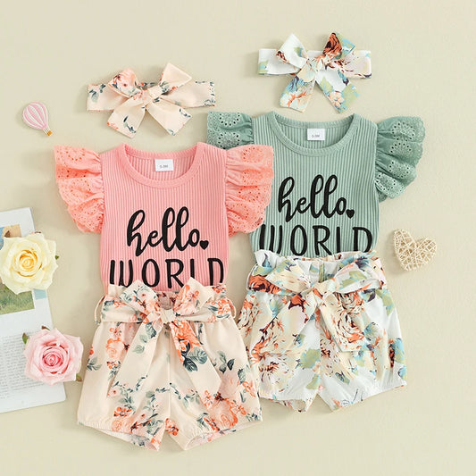 Baby Girls 3Pcs Hello World Newborn Short Sleeve Letter Print Fly Sleeve Romper with Floral Shorts and Headband Outfit Set