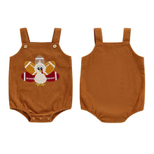 Load image into Gallery viewer, Baby Boys Girls Thanksgiving Overalls Romper Football Turkey Embroidery Sleeveless Square Neck Jumpsuit
