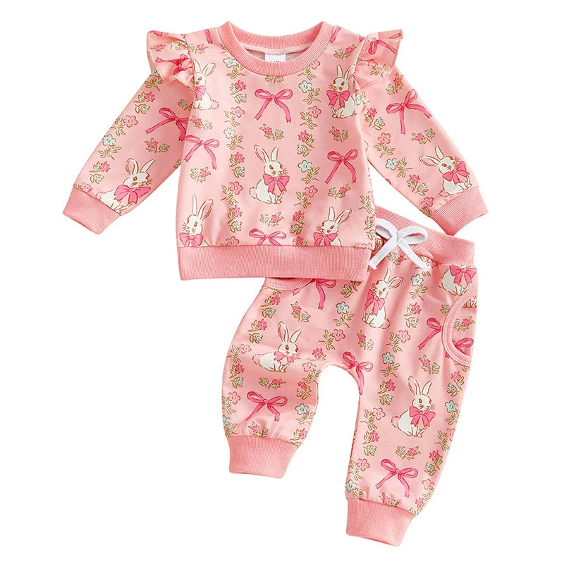 Baby Toddler Girls 2Pcs Easter Outfit Bow Bunny Rabbit Print Long Sleeve Top + Elastic Waist Long Pants Spring Set