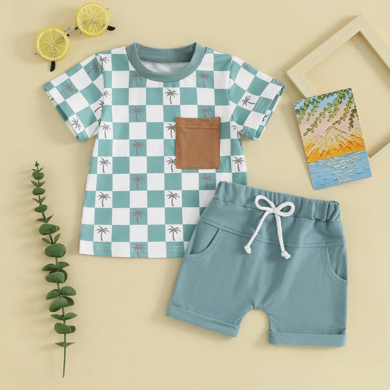 Baby Toddler Boys 2Pcs Summer Spring Shorts Set Short Sleeve Checker Palm Tree Print Top with Elastic Waist Shorts Outfit