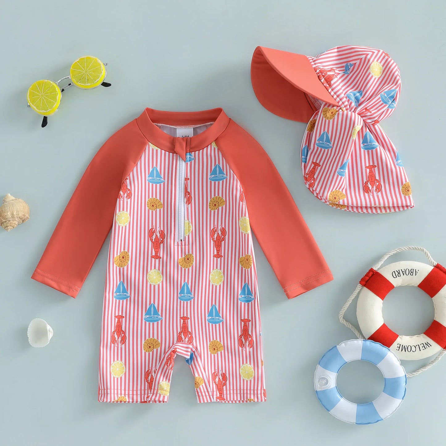 Baby Toddler Boy 2Pcs Rash Guard Swimsuit Shrimp Print Long Sleeves Front Zipper Striped Bathing Suit with Hat Set