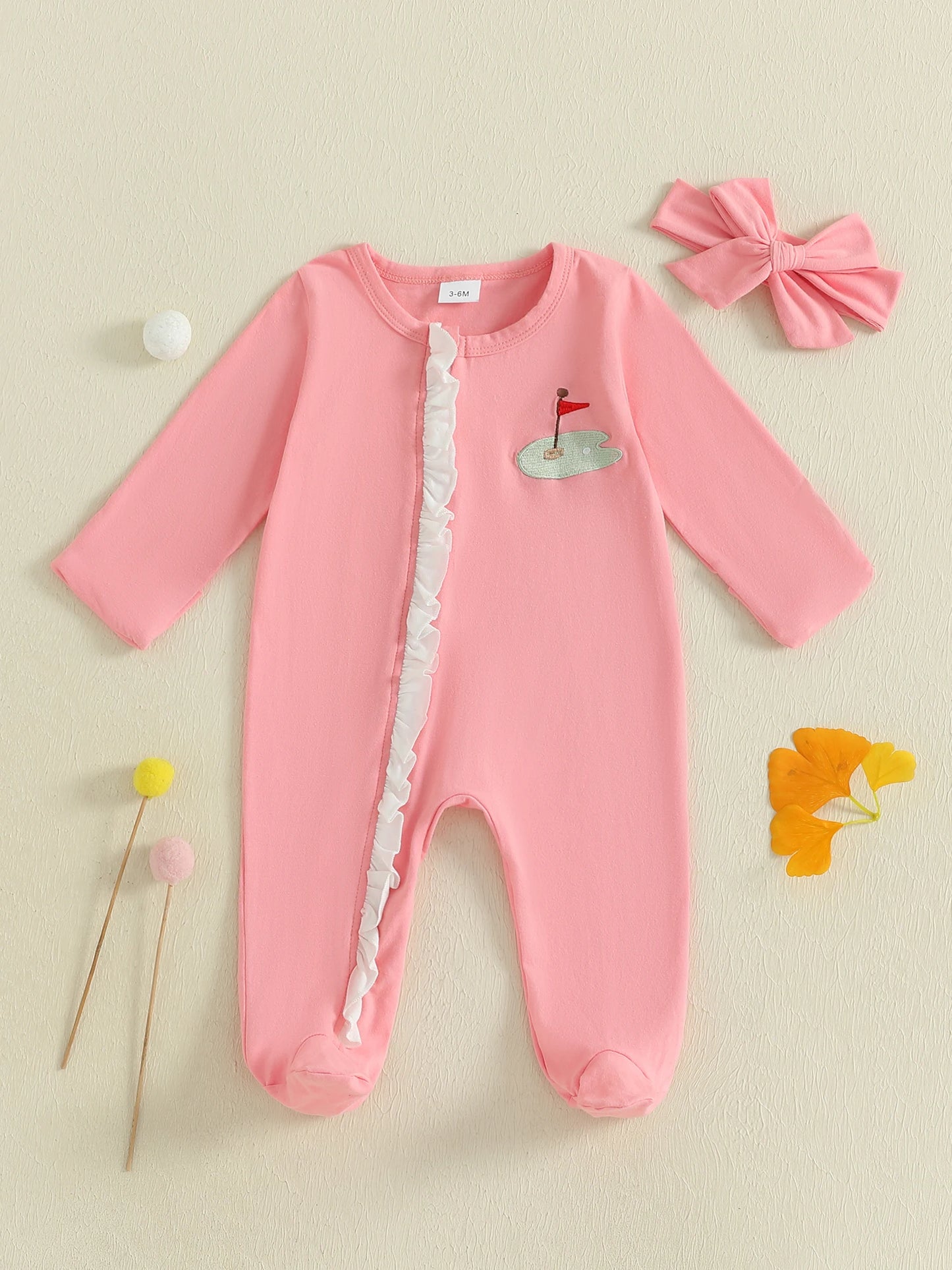 Baby Girls 2Pcs Footies Rompers Golf Embroidered Long Sleeve Round Neck Infant Fall Jumpsuits with Headband Set