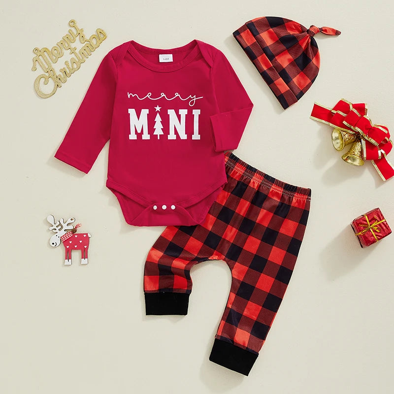 Baby Boys Girls 3Pcs Merry Mini Christmas Set Letter Print Long Sleeve Romper Plaid Print Long Pants Hat Outfit