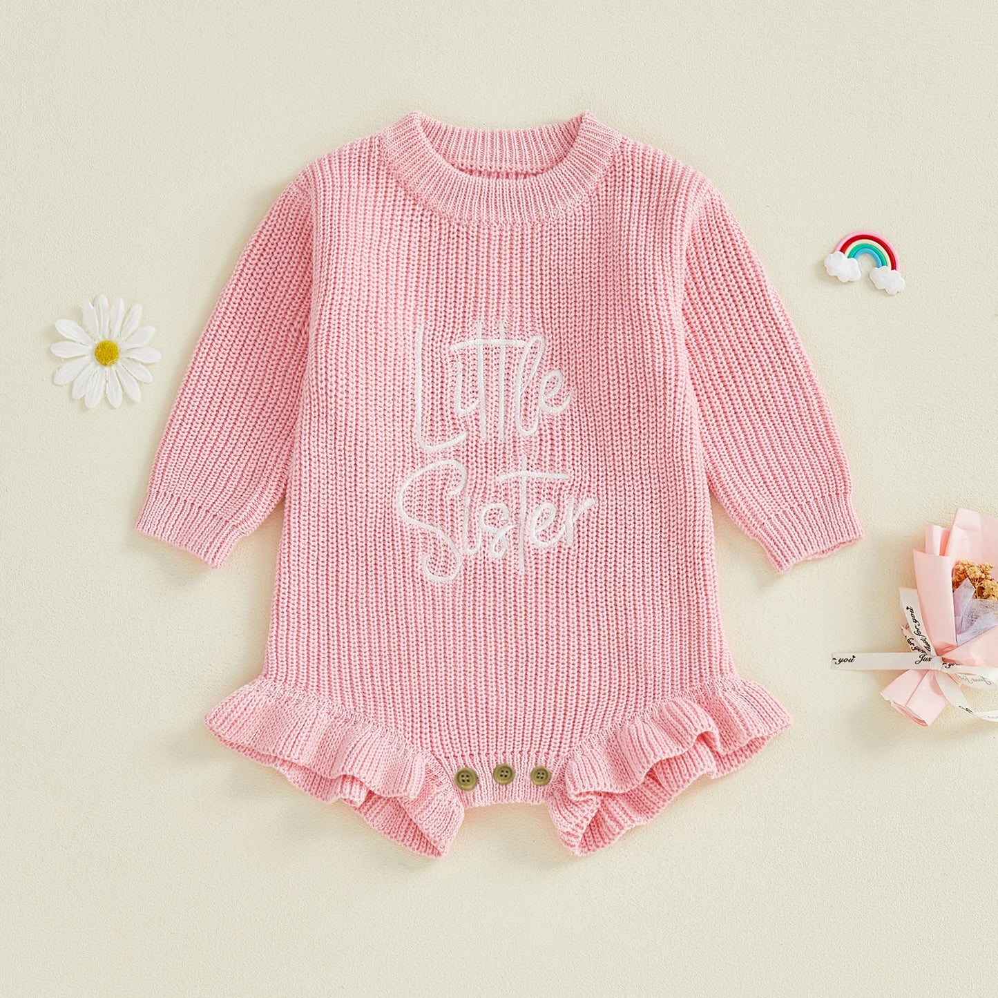 Baby Girl Sweater Romper Little Sister Long Sleeve Round Neck Letter Embroidery Knit Bodysuit