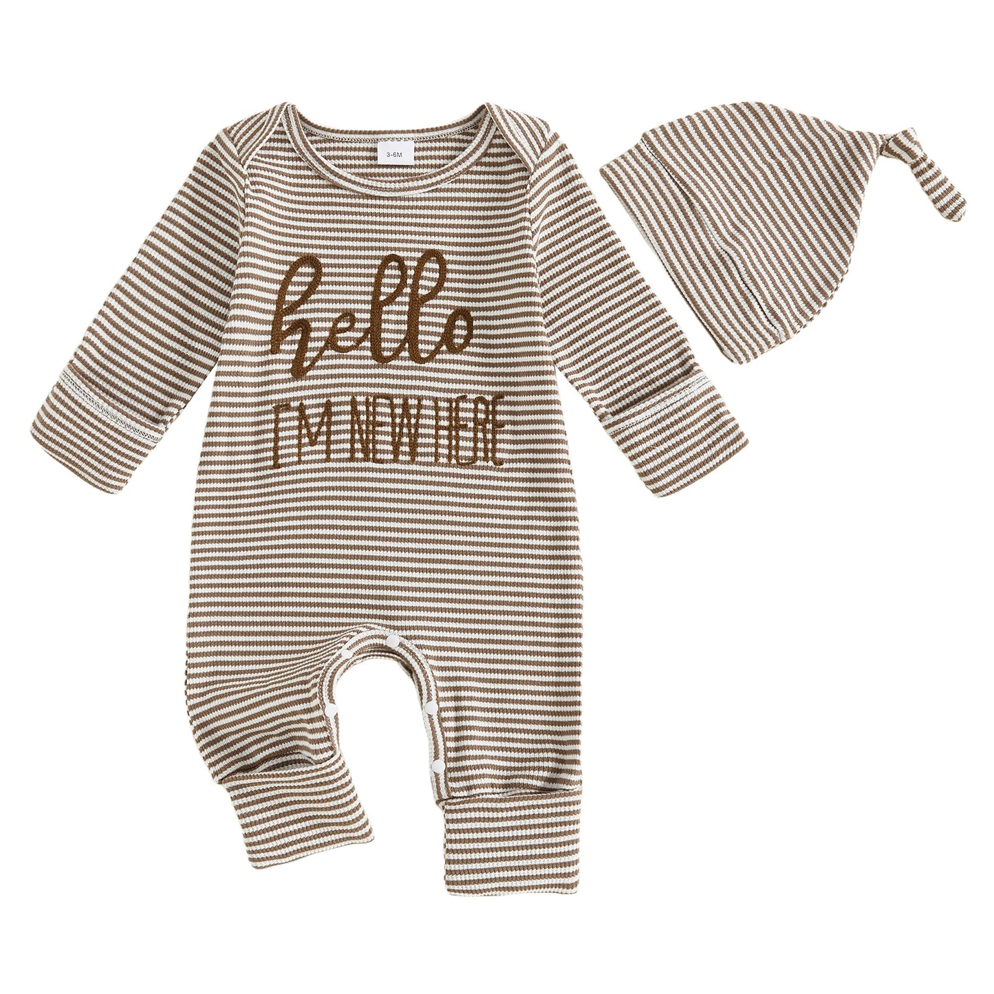 Baby Boy 2Pcs Striped Hello I'm New Here Romper Letters Embroidery Round Neck Long Sleeve Jumpsuit with Hat Set
