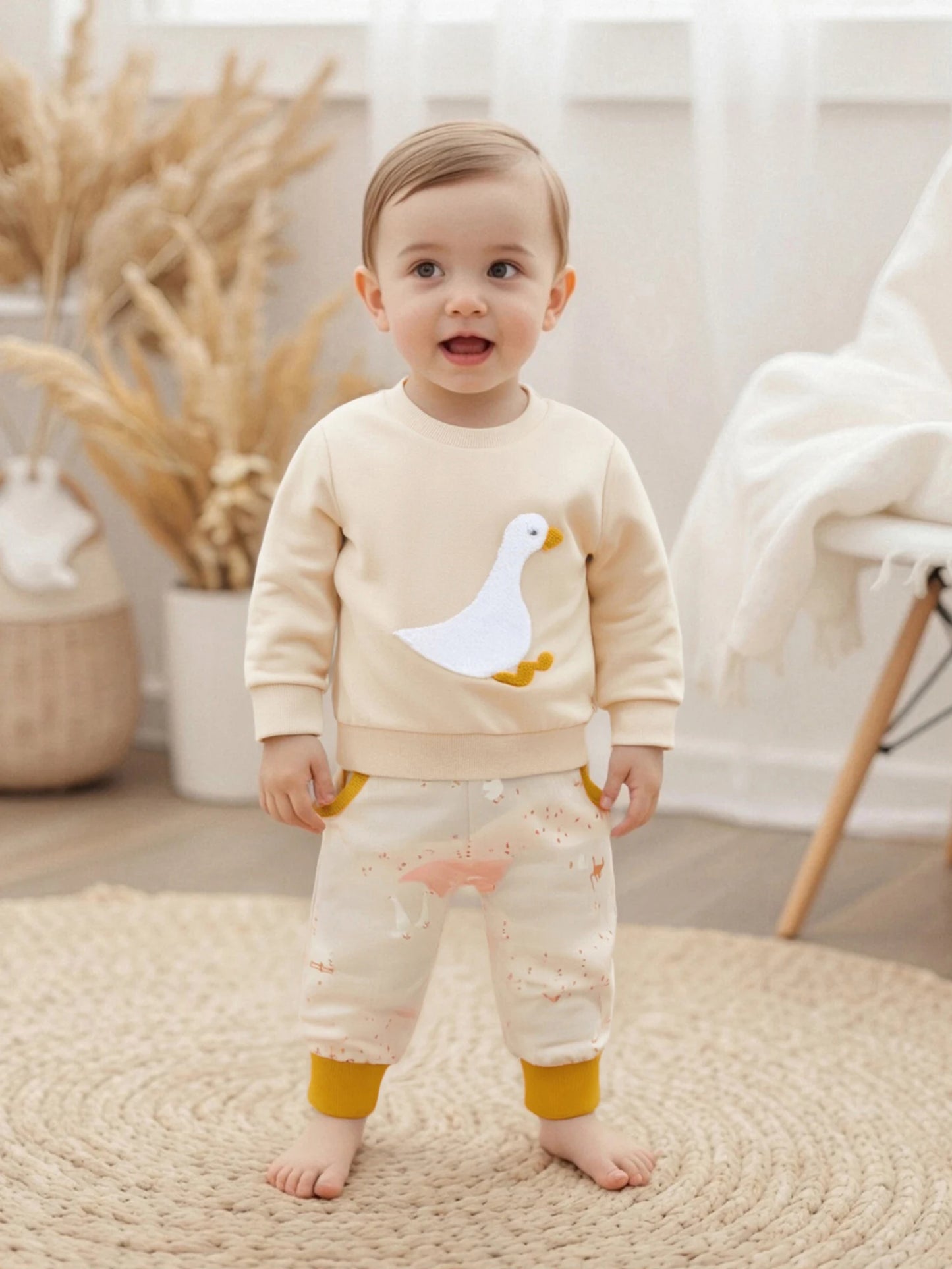 Baby Toddler Boys 2Pcs Fall Set Fashionable Long Sleeve Chicken/Duck Embroidery Pullover Top with Print Jogger Pants 2 Pcs Outfits