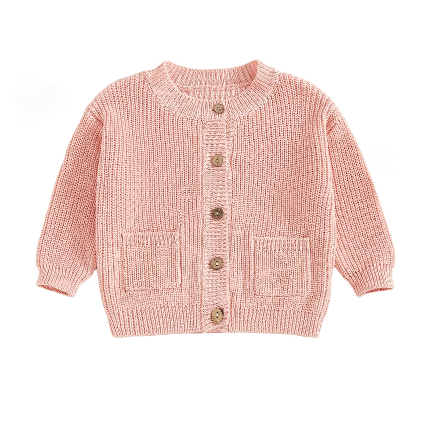 Baby Toddler Girls Boys Knit Cardigan Solid Long Sleeve Crew Neck Button-up Sweater with Pockets Casual Fall Clothes Top