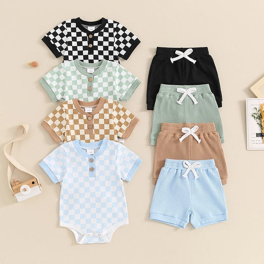 Baby Boys 2Pcs Summer Outfits Checkerboard Print Buttons Collar Short Sleeve Romper and Shorts Set