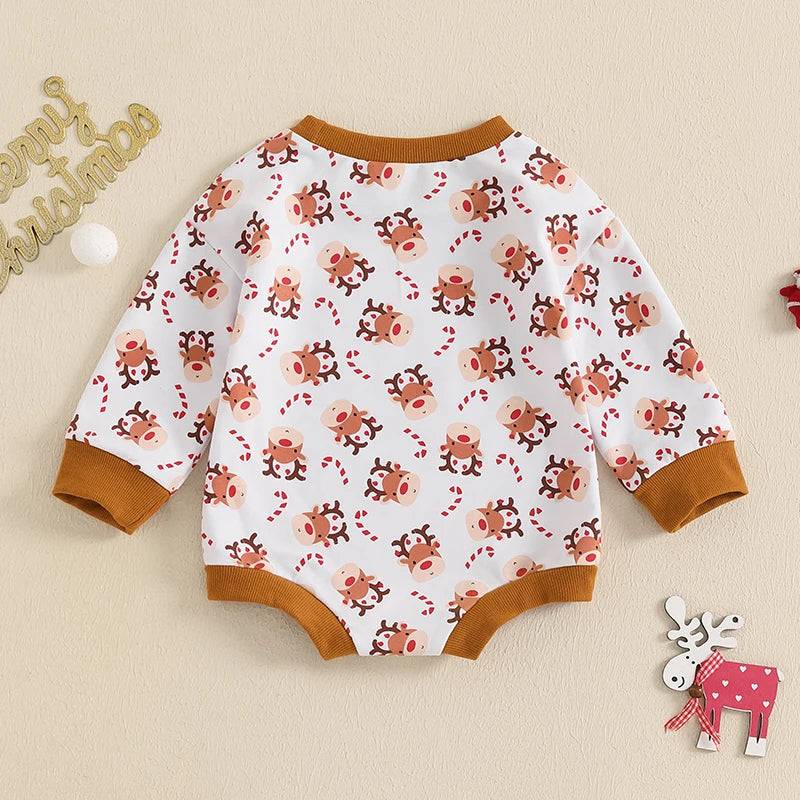 Baby Girls Boys Christmas Jumpsuit Long Sleeve Crewneck Reindeer Print Bubble Romper