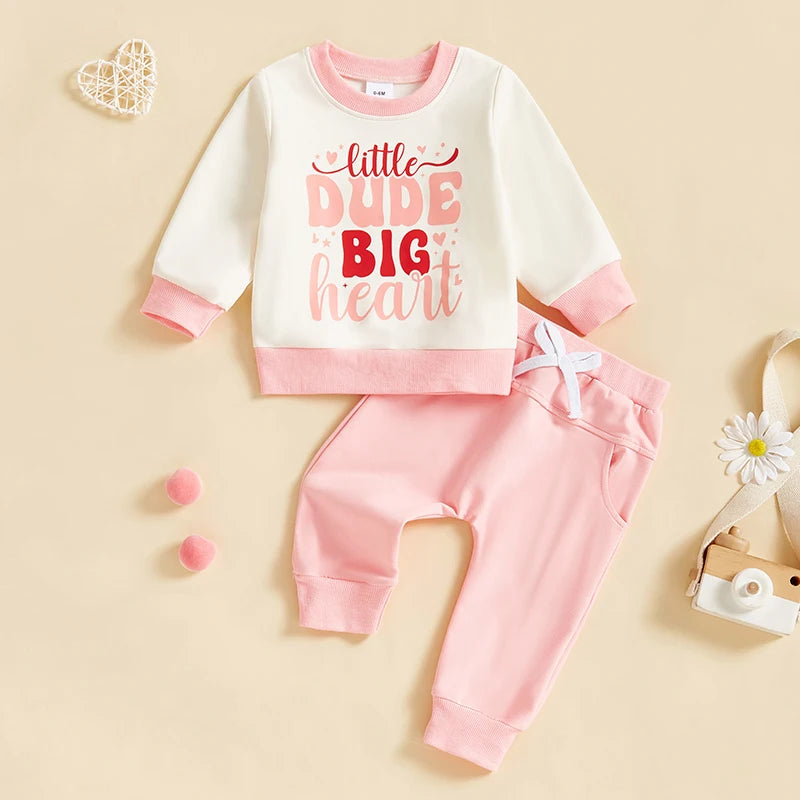 Baby Toddler Girls 2Pcs Little Dude Big Heart / Daddy's Sweetheart Outfit Letter Heart Print Long Sleeve Crewneck Top with Solid Color Pants Valentines Jogger Set Valentine's Day