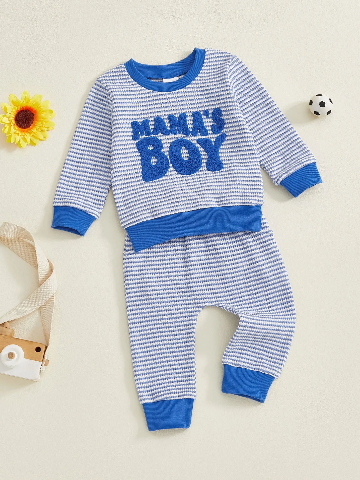 Baby Toddler Boys 2Pcs Fall Striped Outfit Letter Embroidery Long Sleeve Top and Elastic Pants Jogger Set