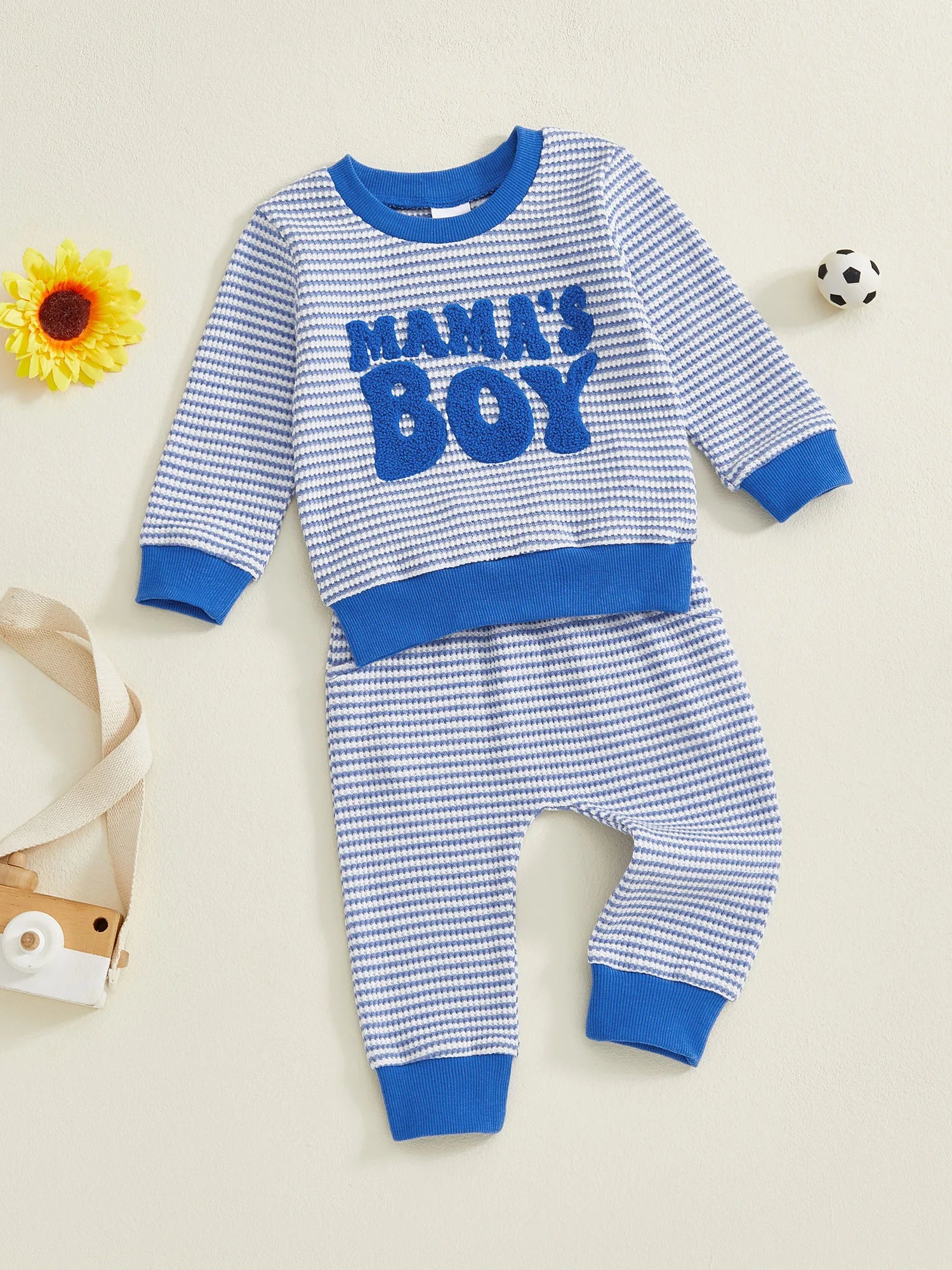 Baby Toddler Boys 2Pcs Fall Striped Outfit Letter Embroidery Long Sleeve Top and Elastic Pants Jogger Set