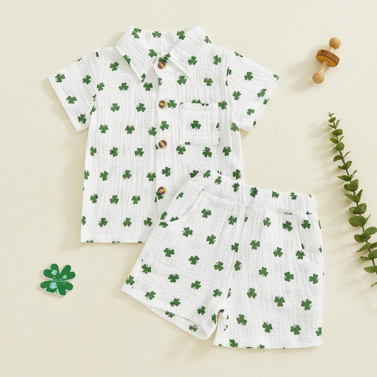 Baby Toddler Boys 2Pcs Spring St. Patrick's Day Set Shamrock Print Short Sleeve Lapel Button Down Shirt Shorts Outfit