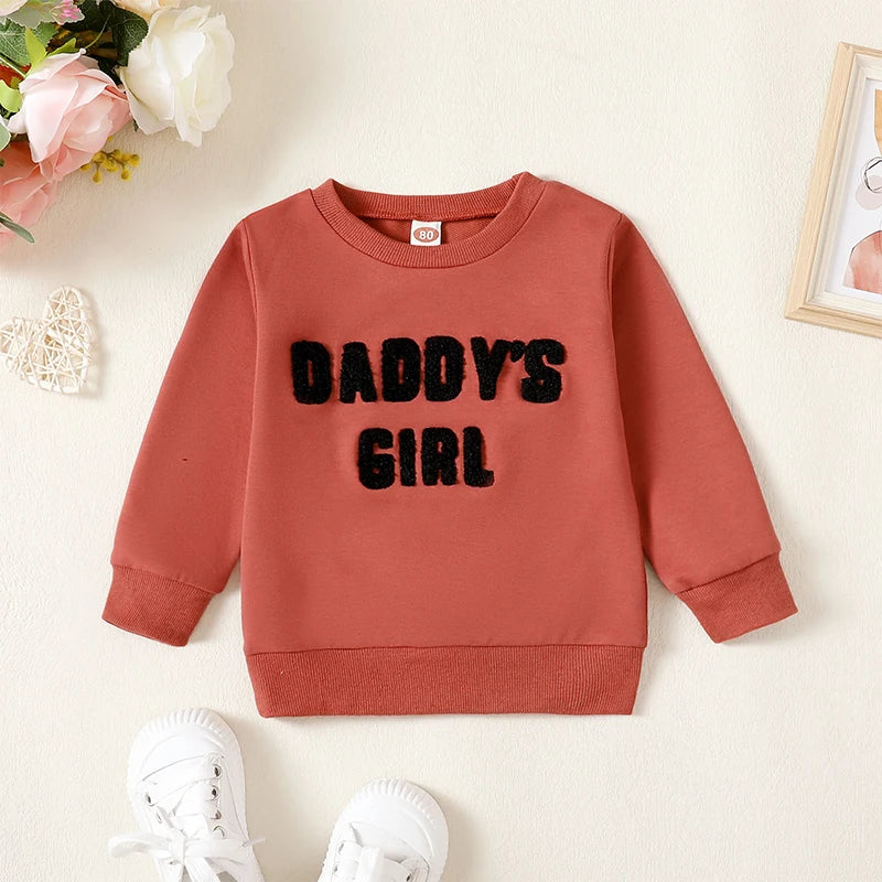 Baby Toddler Girl Daddy's Little Girl Letter Heart Fuzzy Embroidery Long Sleeve O-Neck Pullover Top