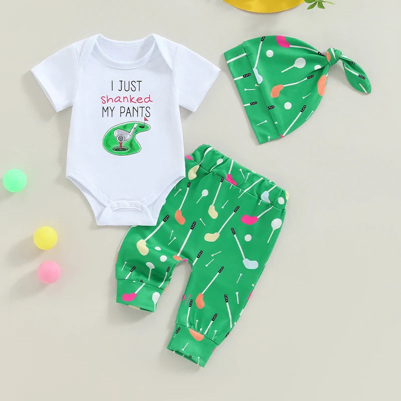 Baby Boys 3Pcs I Just Shanked My Pants Summer Outfit Letter Golf Print Crew Neck Short Sleeve Romper Long Pants Hat Clothes Set