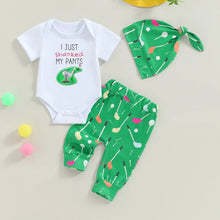 Load image into Gallery viewer, Baby Boys 3Pcs I Just Shanked My Pants Summer Outfit Letter Golf Print Crew Neck Short Sleeve Romper Long Pants Hat Clothes Set
