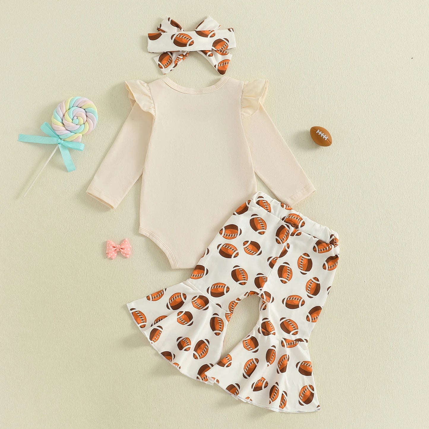 Baby Girls 3Pcs Game Day Fall Outfit Football Print Long Sleeves Romper and Elastic Flared Pants Headband Set Cute Clothes