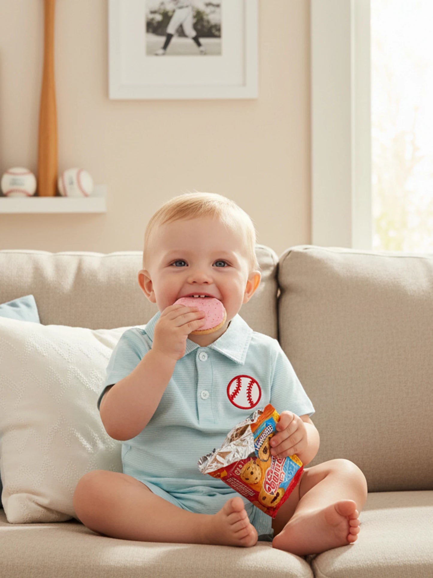 Baby Boy Romper Lapel Collar Short Sleeve Baseball Embroidery Upper Button Striped Jumpsuit