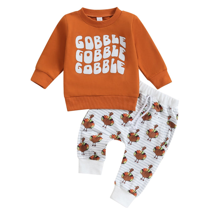 Baby Toddler Boys Girls 2 Pcs Outfits Gobble Letter Print Long Sleeve Top and Turkey Pants Thanksgiving Set