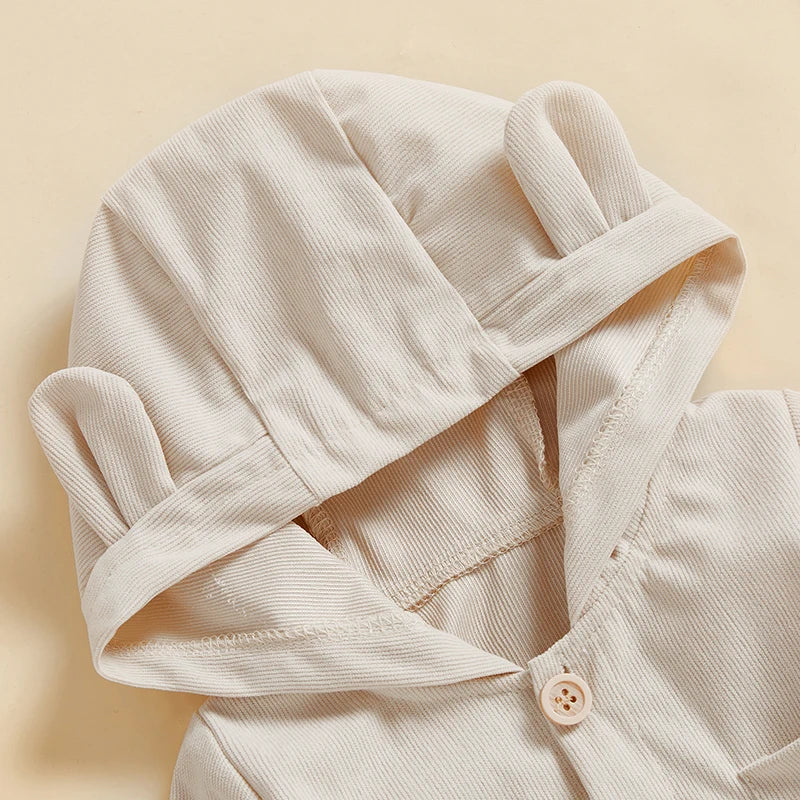 Baby Boys Girls Button-up Jumpsuit Cute Bear Ears Hooded Long Sleeve Chest Pocket Fall Romper Unisex
