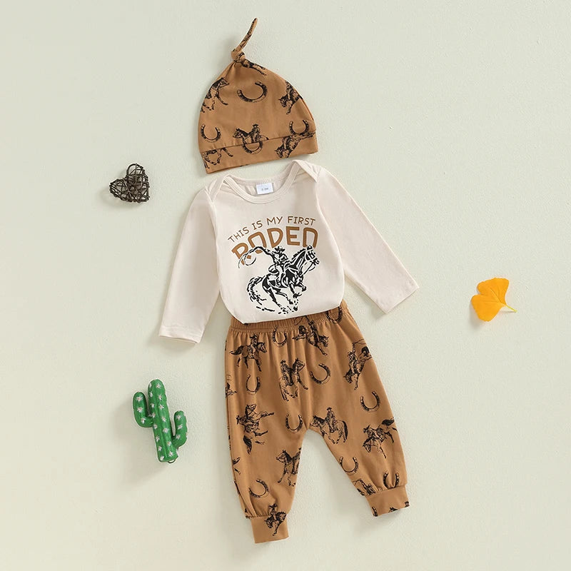 Baby Boys 3Pcs This is My First Rodeo Outfit Long Sleeve Letter Print Romper Horse Print Pants Hat Set