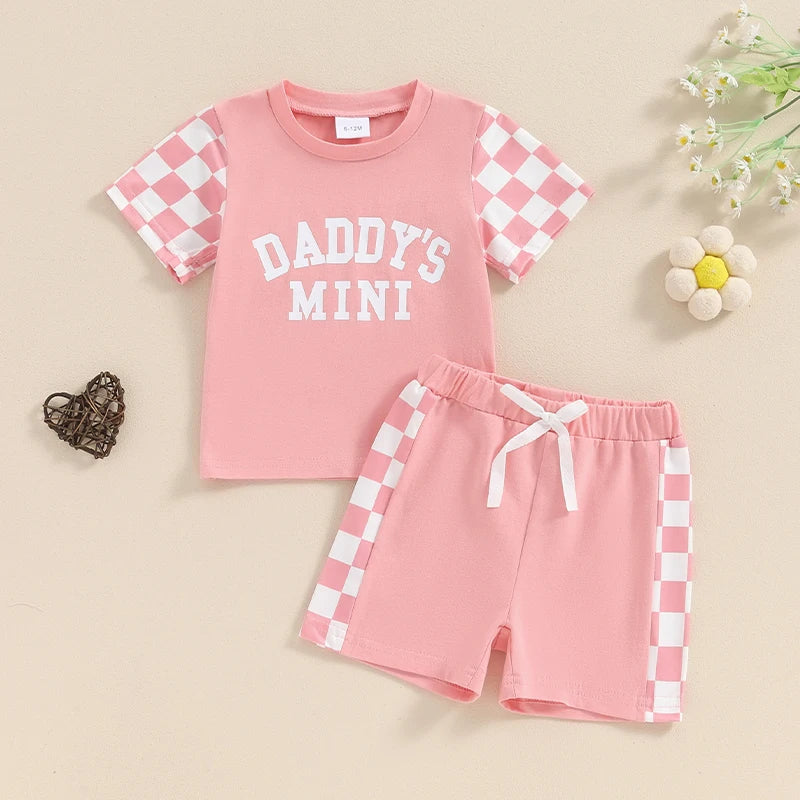 Baby Toddler Girl 2Pcs Daddy's Mini Summer Outfit Letter Print Checkerboard Short Sleeve Top with Elastic Waist Shorts Clothes Set