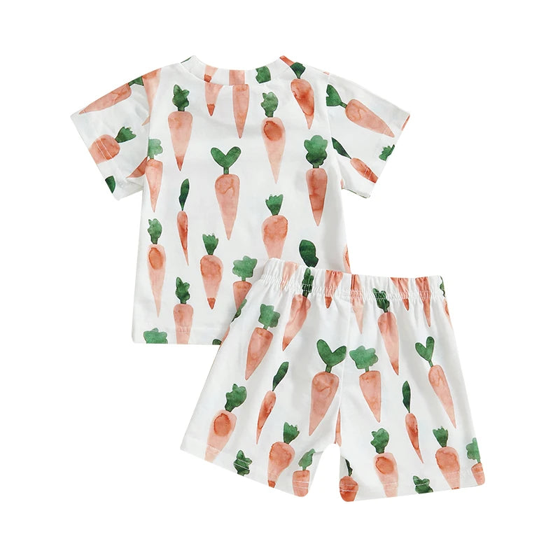 Baby Toddler Boys 2Pcs Easter Set Adorable Carrot Print Short Sleeve Round Neck Top Elastic Waistband Shorts Outfit