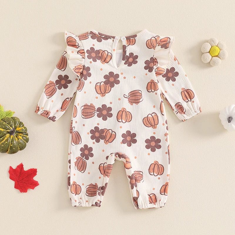 Baby Girl Halloween Thanksgiving Ruffle Romper Pumpkin Flower Print Long Sleeve Full Length Jumpsuit for Fall