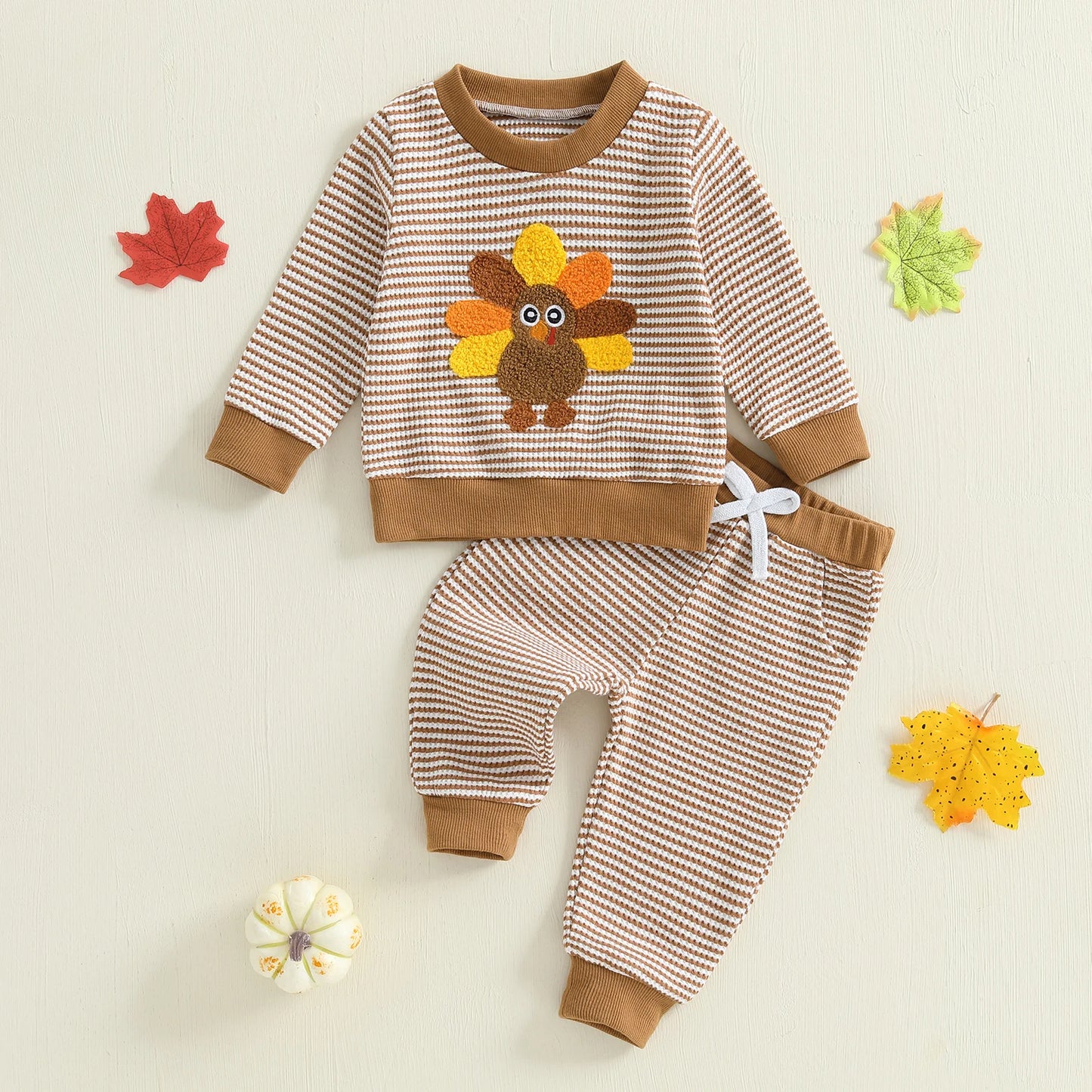 Baby Toddler Girls Boys 2Pcs Thanksgiving Outfits Turkey Embroidery Striped Long Sleeve Top and Elastic Pants Jogger Set