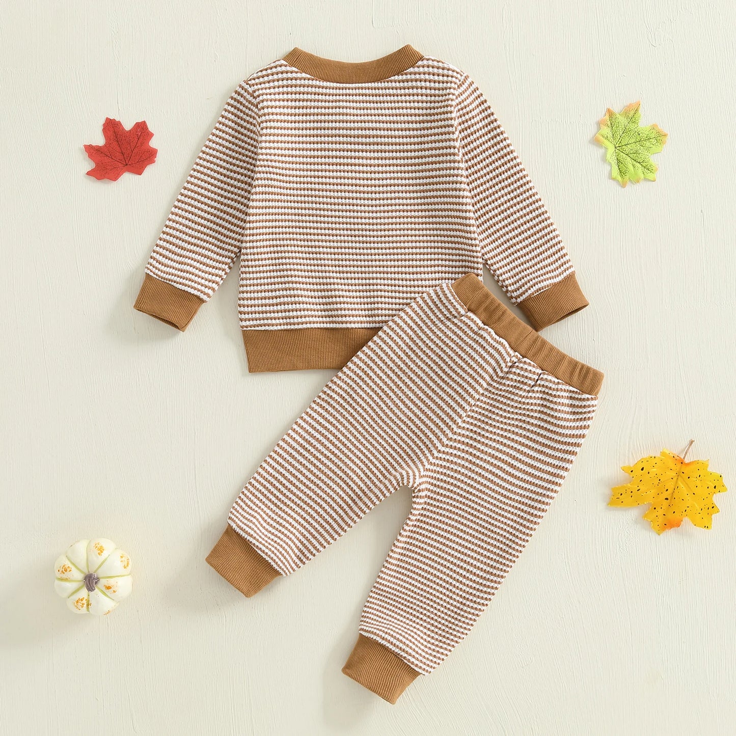 Baby Toddler Girls Boys 2Pcs Thanksgiving Outfits Turkey Embroidery Striped Long Sleeve Top and Elastic Pants Jogger Set