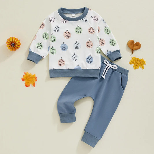 Baby Toddler Boys 2Pcs Halloween Set Pumpkin Print Long Sleeve Top Pocket Long Pants Outfit