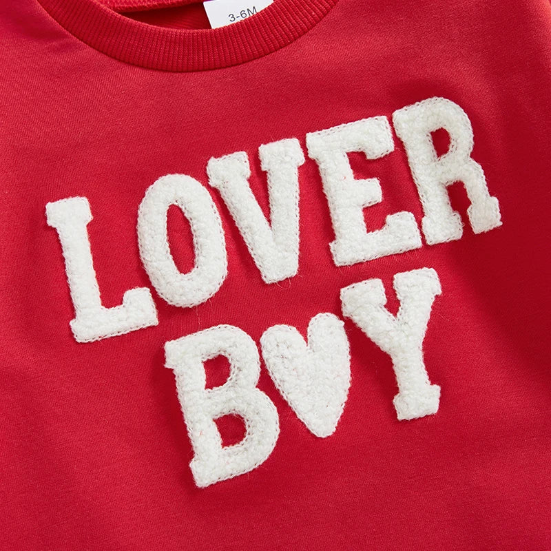 Baby Boy Bubble Romper Valentines Long Sleeve Round Neck Heart Letter Lover Boy Embroidery Bodysuit Valentine's Day