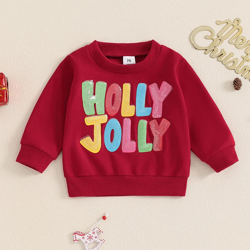 Baby Toddler Kids Boys Girls Holly Jolly Christmas Long Sleeve O Neck Sequins Letter Embroidery Pullover Top