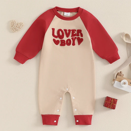 Baby Boys Lover Boy Valentine's Day Romper Heart Letter Embroidery Long Sleeve Crew Neck Raglan Valentines Jumpsuit