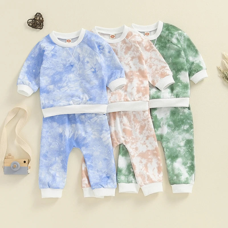 Baby Toddler Boys Girls 2Pcs Fall Outfit Tie-Dye Print Long Sleeve Top and Long Pants Set